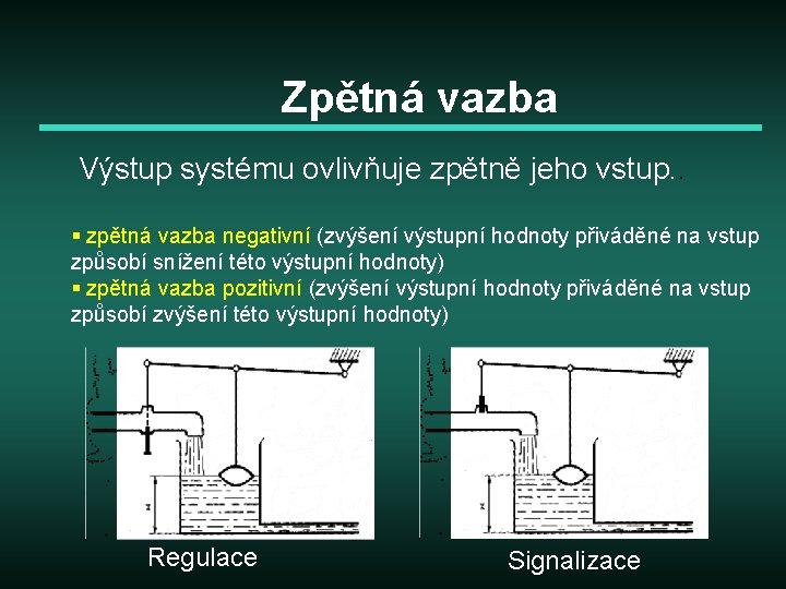 Zpětná vazba Výstup systému ovlivňuje zpětně jeho vstup. . § zpětná vazba negativní (zvýšení