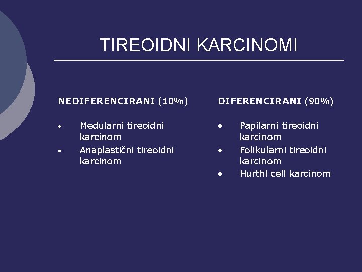 TIREOIDNI KARCINOMI NEDIFERENCIRANI (10%) • • Medularni tireoidni karcinom Anaplastični tireoidni karcinom DIFERENCIRANI (90%)