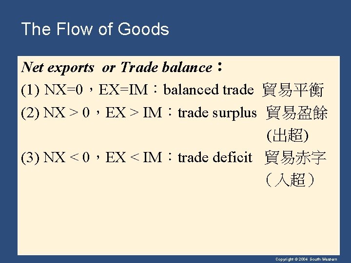 The Flow of Goods Net exports or Trade balance： (1) NX=0，EX=IM：balanced trade 貿易平衡 (2)