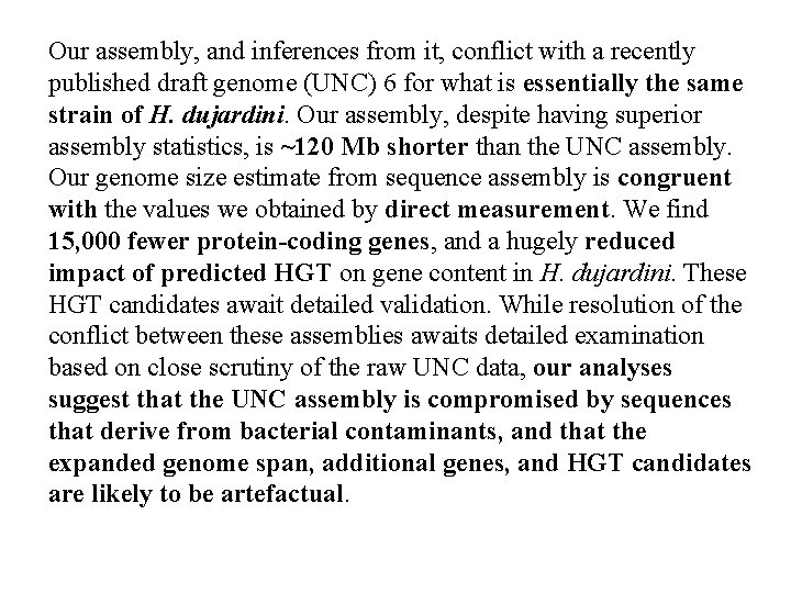 Our assembly, and inferences from it, conflict with a recently published draft genome (UNC)