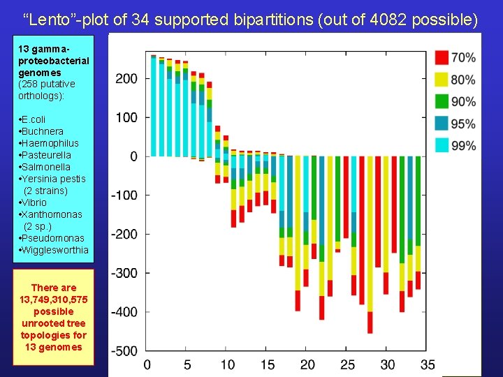 “Lento”-plot of 34 supported bipartitions (out of 4082 possible) 13 gammaproteobacterial genomes (258 putative