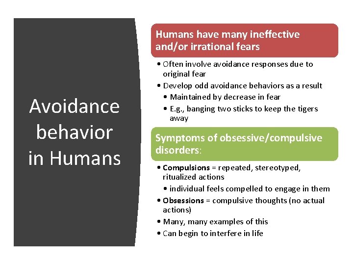 Humans have many ineffective and/or irrational fears Avoidance behavior in Humans • Often involve