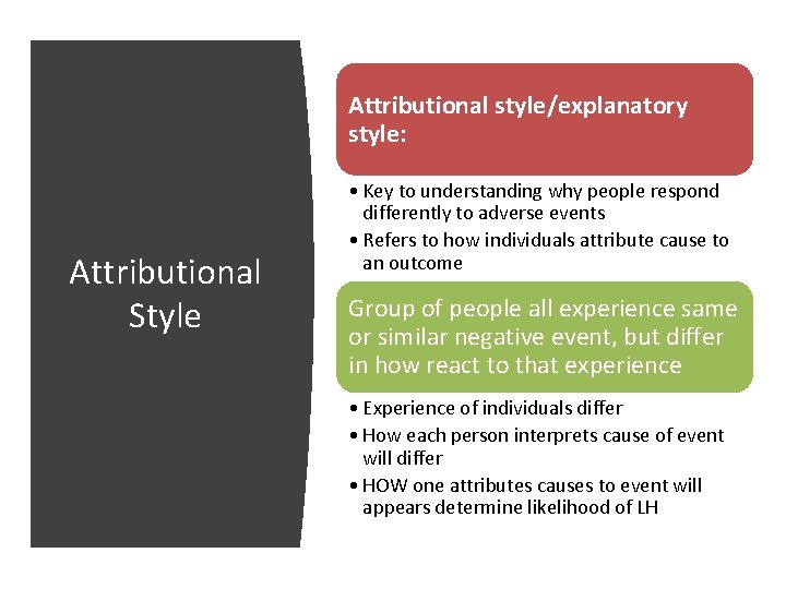 Attributional style/explanatory style: Attributional Style • Key to understanding why people respond differently to