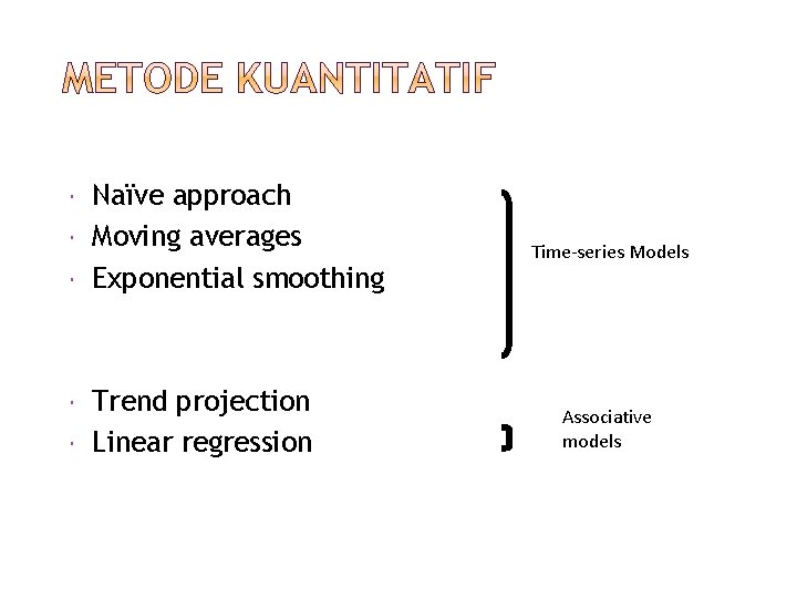  Naïve approach Moving averages Exponential smoothing Trend projection Linear regression Time-series Models Associative