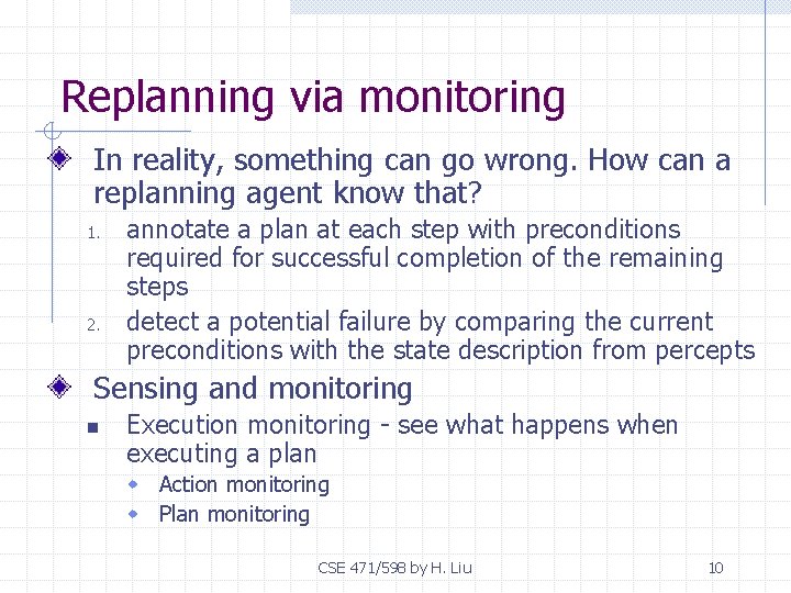 Replanning via monitoring In reality, something can go wrong. How can a replanning agent
