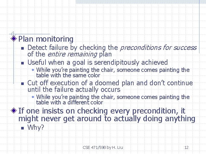 Plan monitoring n n Detect failure by checking the preconditions for success of the