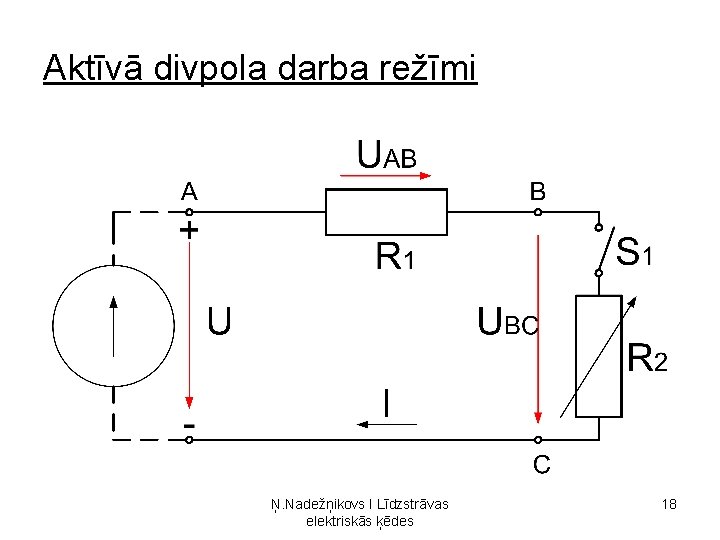 Aktīvā divpola darba režīmi Ņ. Nadežņikovs I Līdzstrāvas elektriskās ķēdes 18 Aktīvā divpola darba režīmi Ņ. Nadežņikovs I Līdzstrāvas elektriskās ķēdes 18