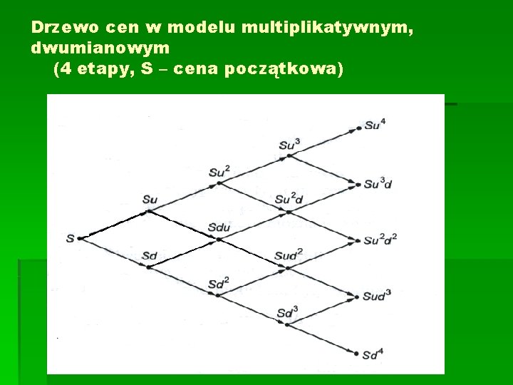 Drzewo cen w modelu multiplikatywnym, dwumianowym (4 etapy, S – cena początkowa) 