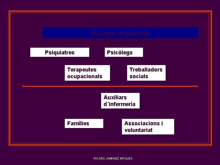 Equips implicats Psiquiatres Psicòlegs Terapeutes ocupacionals Treballadors socials Auxiliars d´infermeria Famílies Associacions i voluntariat