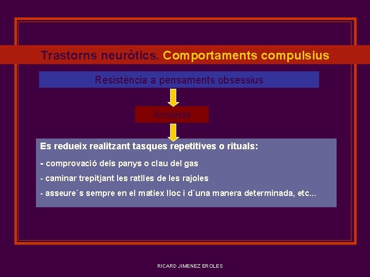 Trastorns neuròtics. Comportaments compulsius Resistència a pensaments obsessius Ansietat Es redueix realitzant tasques repetitives