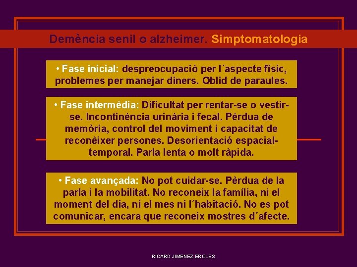 Demència senil o alzheimer. Simptomatologia • Fase inicial: despreocupació per l´aspecte físic, problemes per