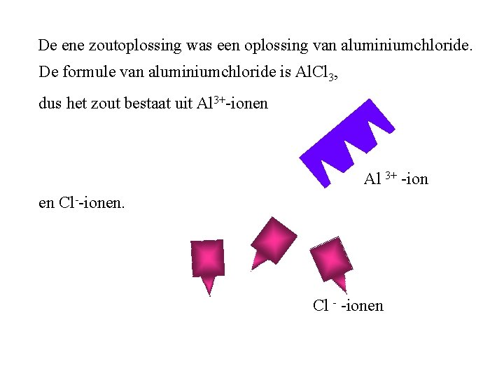 De ene zoutoplossing was een oplossing van aluminiumchloride. De formule van aluminiumchloride is Al. De ene zoutoplossing was een oplossing van aluminiumchloride. De formule van aluminiumchloride is Al.