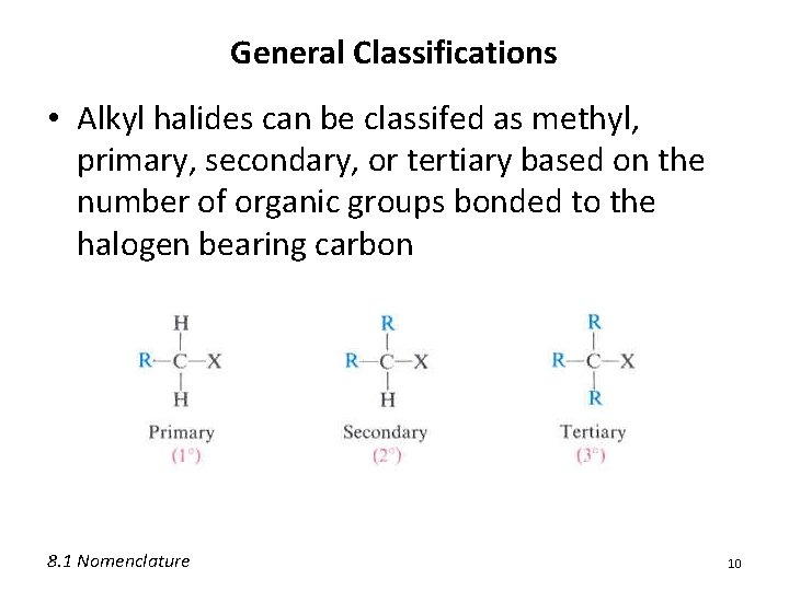 General Classifications • Alkyl halides can be classifed as methyl, primary, secondary, or tertiary