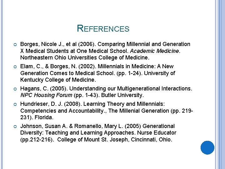 REFERENCES Borges, Nicole J. , et al (2006). Comparing Millennial and Generation X Medical