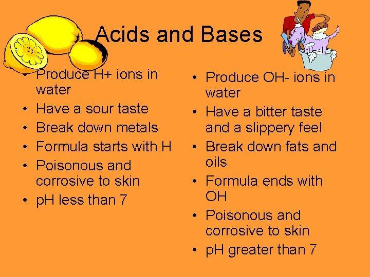 Acids and Bases • Produce H+ ions in water • Have a sour taste