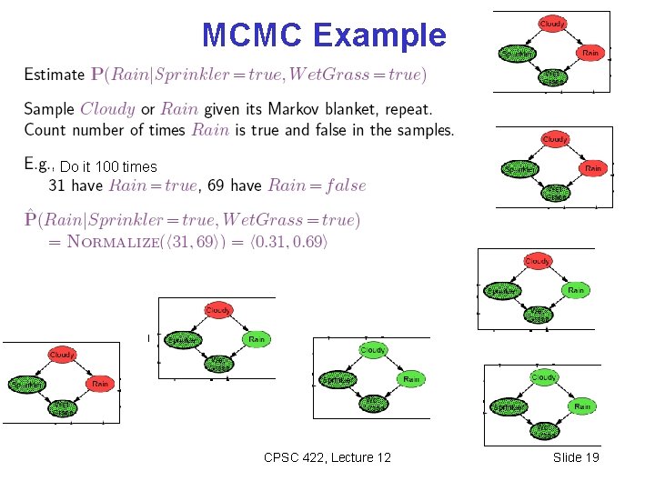 MCMC Example Do it 100 times CPSC 422, Lecture 12 Slide 19 