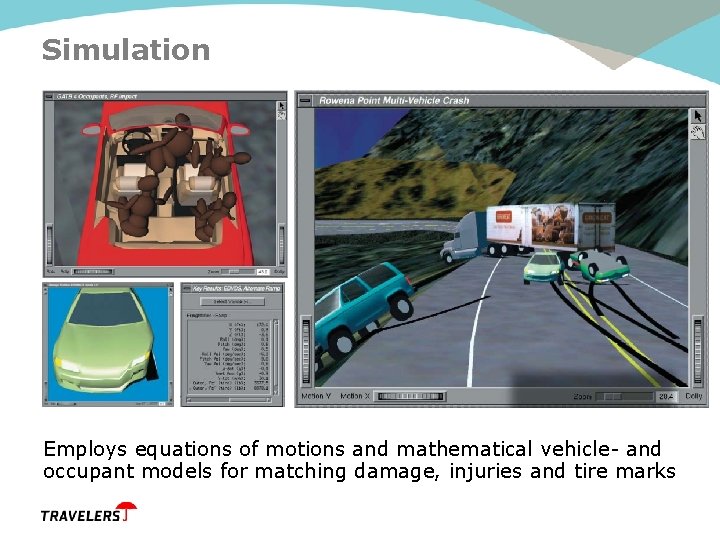 Simulation Employs equations of motions and mathematical vehicle- and occupant models for matching damage,