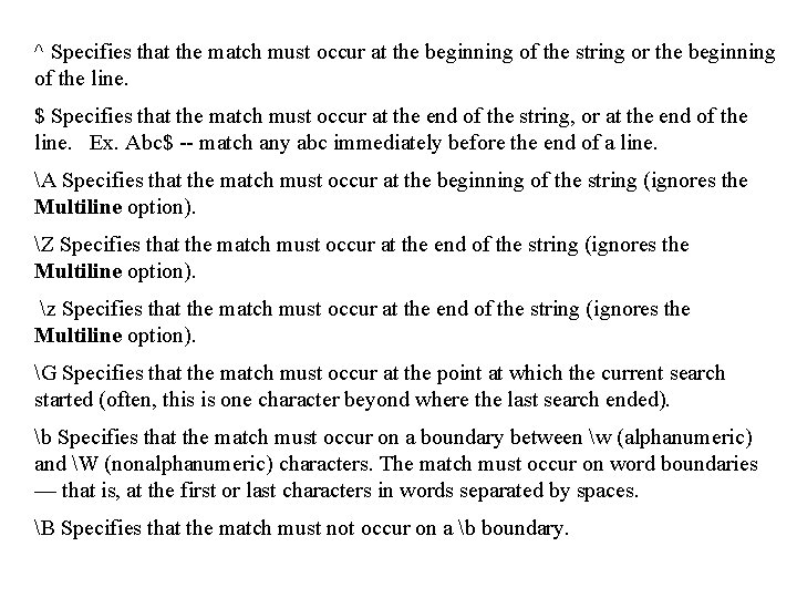 ^ Specifies that the match must occur at the beginning of the string or