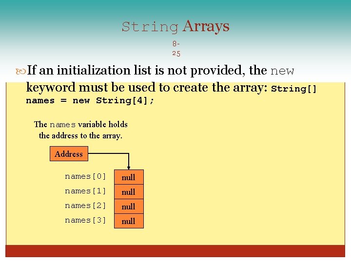 String Arrays 825 If an initialization list is not provided, the new keyword must