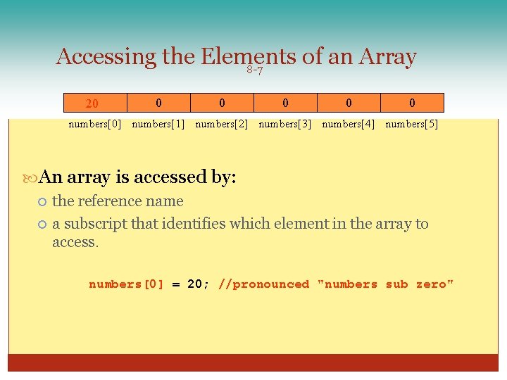 Accessing the Elements of an Array 8 -7 20 0 0 numbers[0] numbers[1] numbers[2]