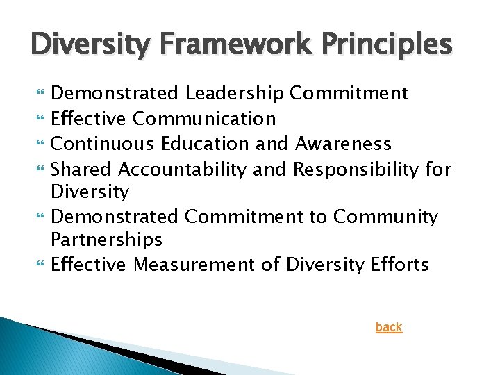 Diversity Framework Principles Demonstrated Leadership Commitment Effective Communication Continuous Education and Awareness Shared Accountability Diversity Framework Principles Demonstrated Leadership Commitment Effective Communication Continuous Education and Awareness Shared Accountability