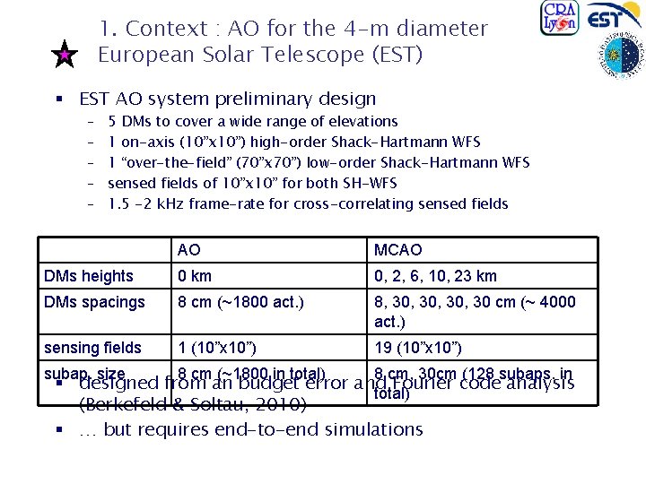 1. Context : AO for the 4 -m diameter European Solar Telescope (EST) §