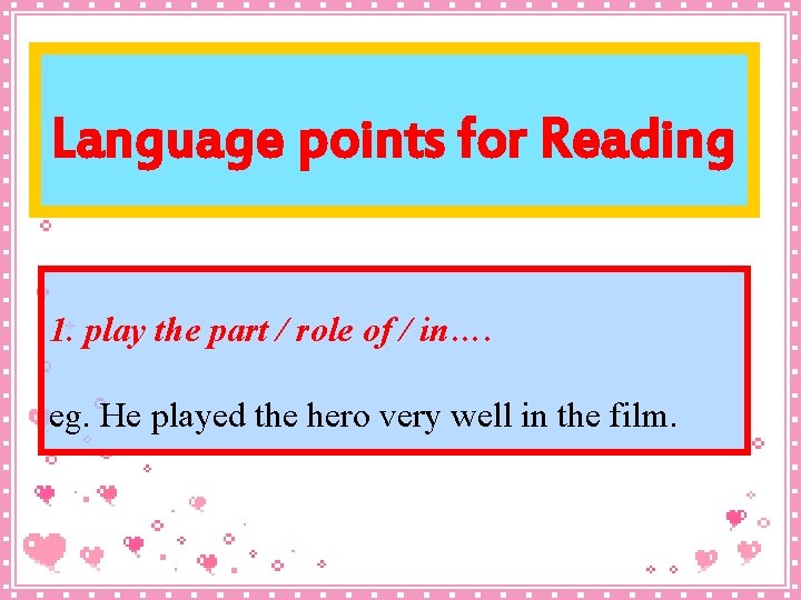 Language points for Reading 1. play the part / role of / in…. eg.