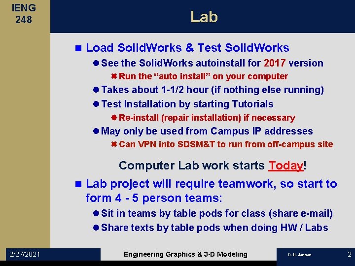 IENG 248 Lab n Load Solid. Works & Test Solid. Works l See the