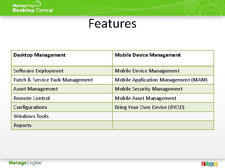 Features Desktop Management Mobile Device Management Software Deployment Mobile Device Management Patch & Service