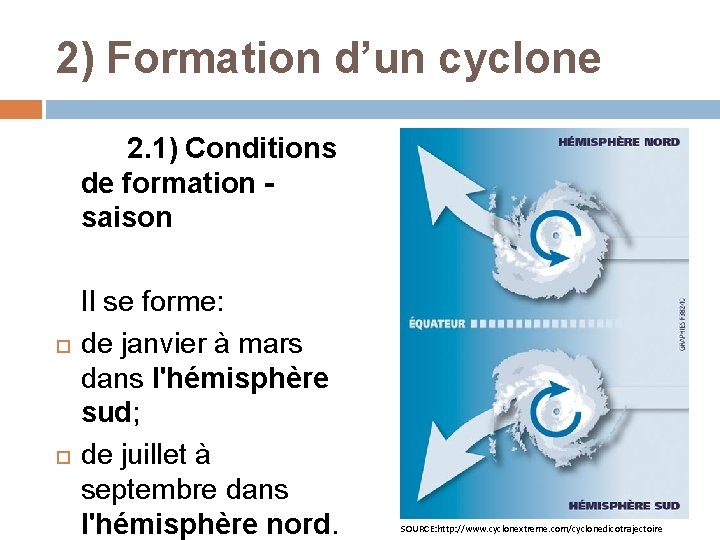 2) Formation d’un cyclone 2. 1) Conditions de formation - saison Il se forme: 2) Formation d’un cyclone 2. 1) Conditions de formation - saison Il se forme: