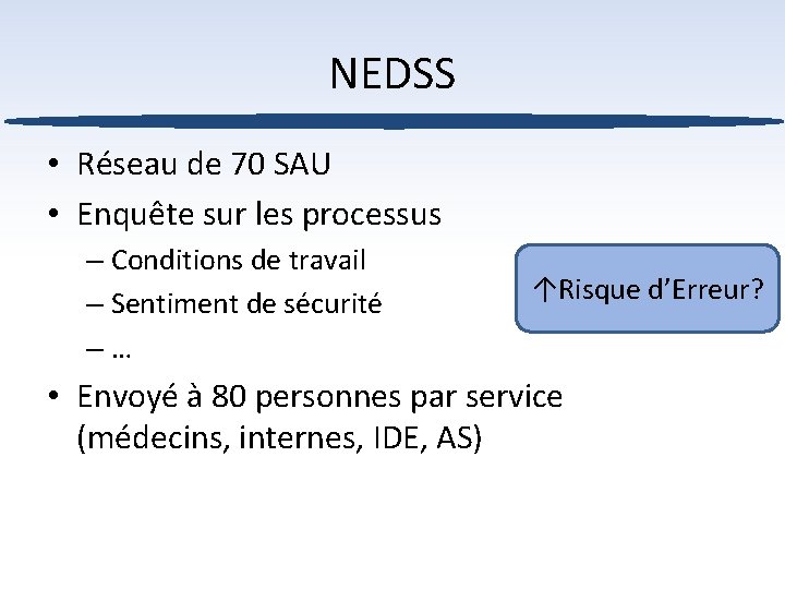 NEDSS • Réseau de 70 SAU • Enquête sur les processus – Conditions de