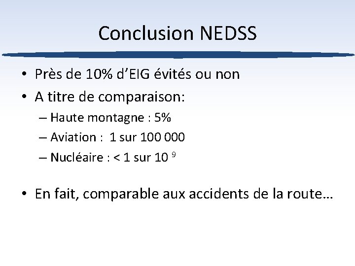 Conclusion NEDSS • Près de 10% d’EIG évités ou non • A titre de