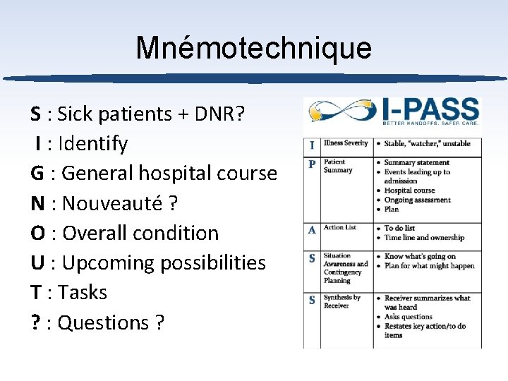 Mnémotechnique S : Sick patients + DNR? I : Identify G : General hospital