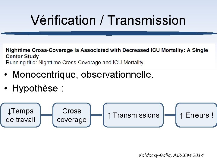 Vérification / Transmission • Monocentrique, observationnelle. • Hypothèse : ↓Temps de travail Cross coverage