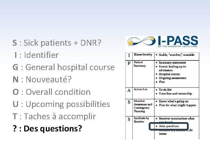 S : Sick patients + DNR? I : Identifier G : General hospital course