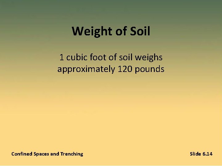 Weight of Soil 1 cubic foot of soil weighs approximately 120 pounds Confined Spaces