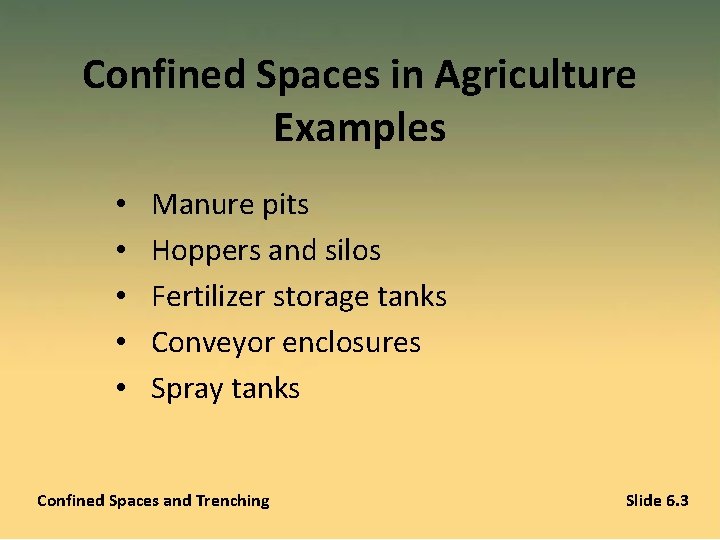 Confined Spaces in Agriculture Examples • • • Manure pits Hoppers and silos Fertilizer