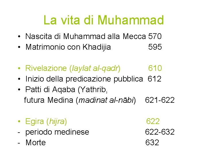 La vita di Muhammad • Nascita di Muhammad alla Mecca 570 • Matrimonio con