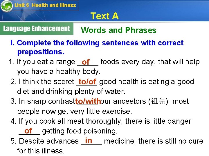 Unit 6 Health and Illness Text A Words and Phrases I. Complete the following