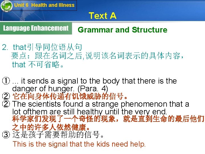 Unit 6 Health and Illness Text A Grammar and Structure 2. that引导同位语从句 要点：跟在名词之后, 说明该名词表示的具体内容，