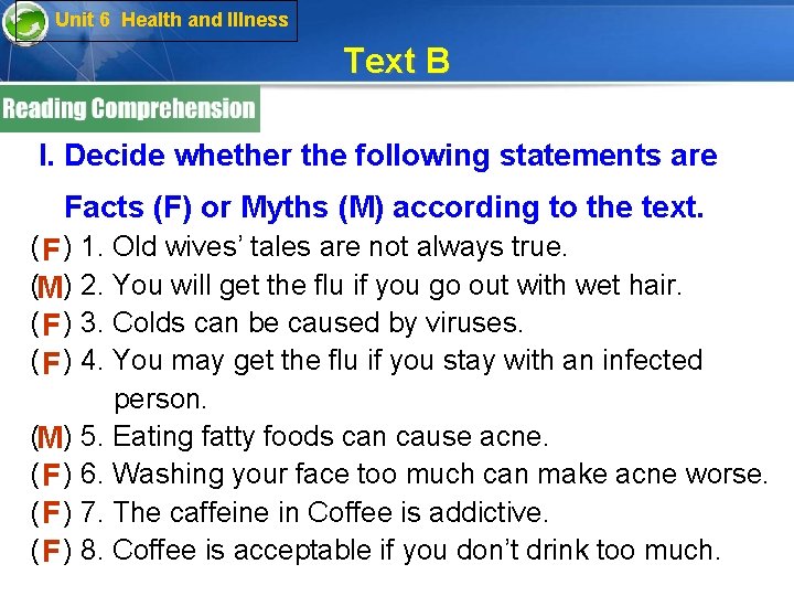 Unit 6 Health and Illness Text B I. Decide whether the following statements are