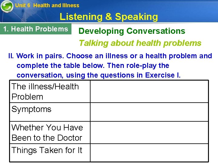 Unit 6 Health and Illness Listening & Speaking 1. Health Problems Developing Conversations Talking