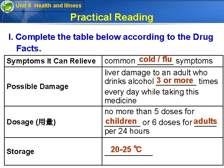 Unit 6 Health and Illness Practical Reading I. Complete the table below according to
