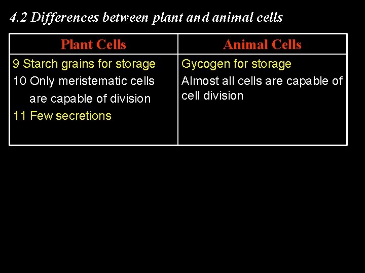 4. 2 Differences between plant and animal cells Plant Cells 9 Starch grains for