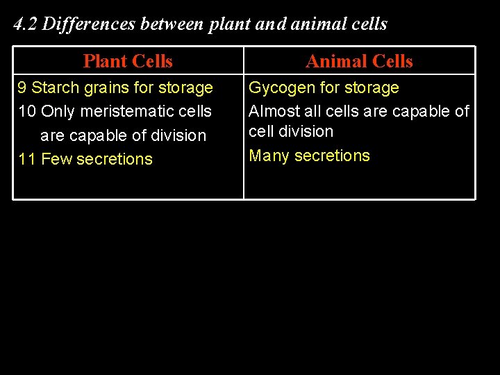 4. 2 Differences between plant and animal cells Plant Cells 9 Starch grains for