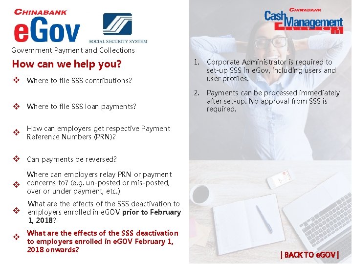 Government Payment and Collections How can we help you? 1. Corporate Administrator is required