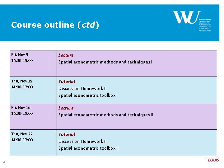 Course outline (ctd) 6 Fri, Nov 9 16: 00 -19: 00 Lecture Spatial econometric