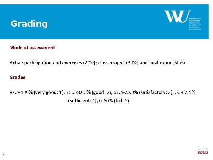 Grading Mode of assessment Active participation and exercises (20%); class project (30%) and final