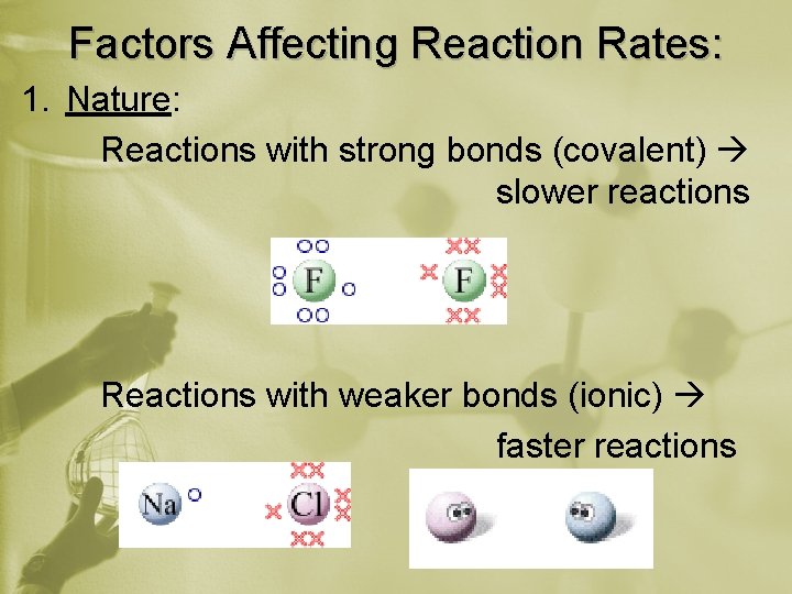 Factors Affecting Reaction Rates: 1. Nature: Reactions with strong bonds (covalent) slower reactions Reactions