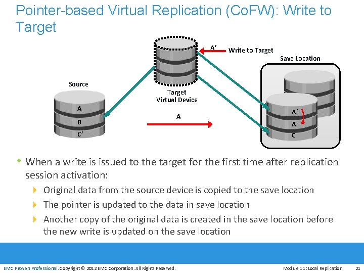 Pointer-based Virtual Replication (Co. FW): Write to Target A’ Source A Write to Target